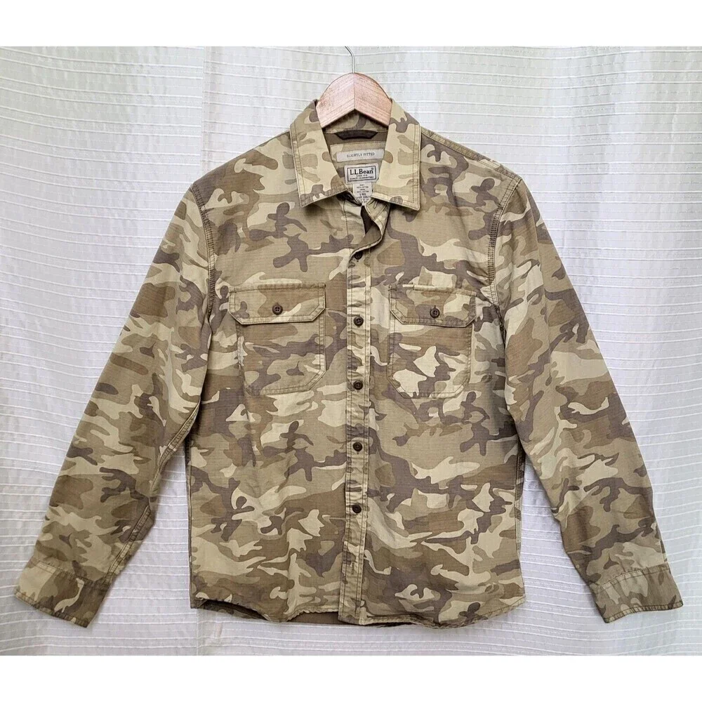LL Bean Camo Shirt Jacket Mid-Heavy Weight Desert Tan Untucked Style Men's S